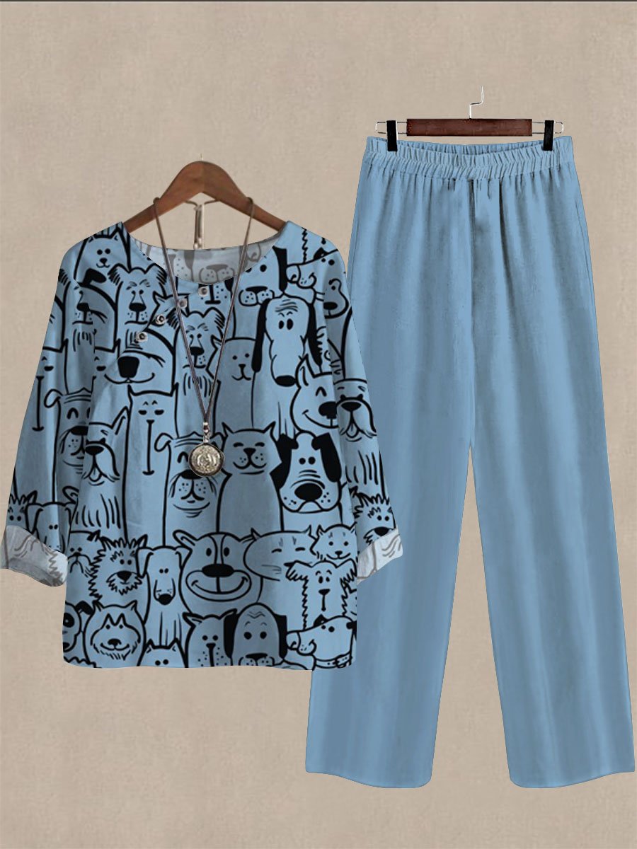 Spring and Autumn Cute Dog Print Long Sleeve Two Piece Suits