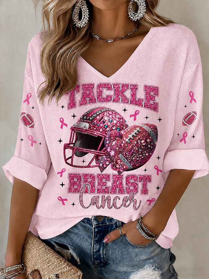 Women's Casual Football Breast Cancer Awareness V-Neck Shirt