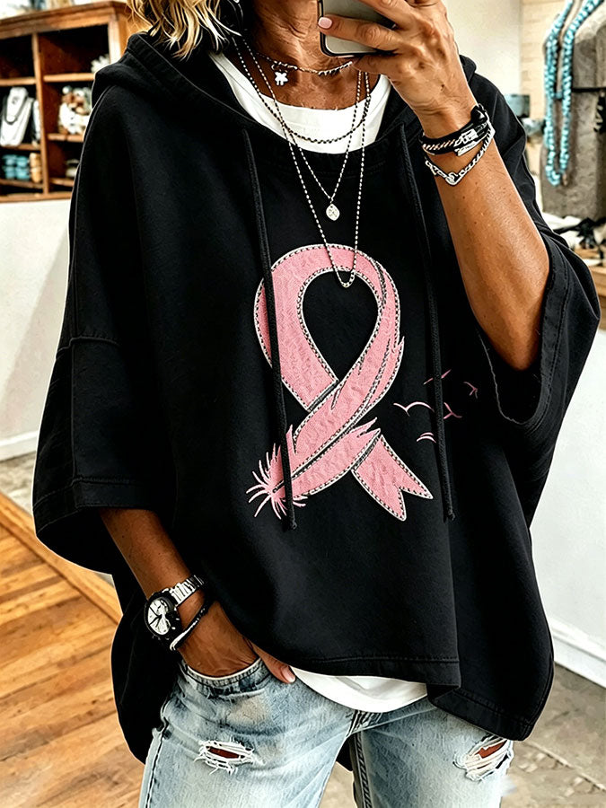 Women'S Vintage Breast Cancer Ribbon Print Hoodie