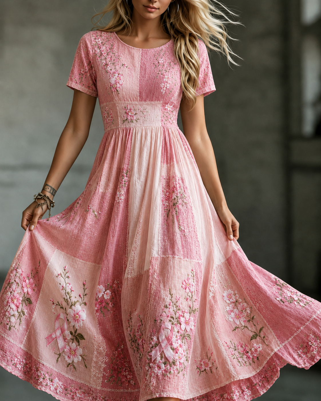 Women'S Breast Cancer Awareness Floral Print Dress