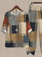 Contrast Print Loose Casual Two Piece Suits