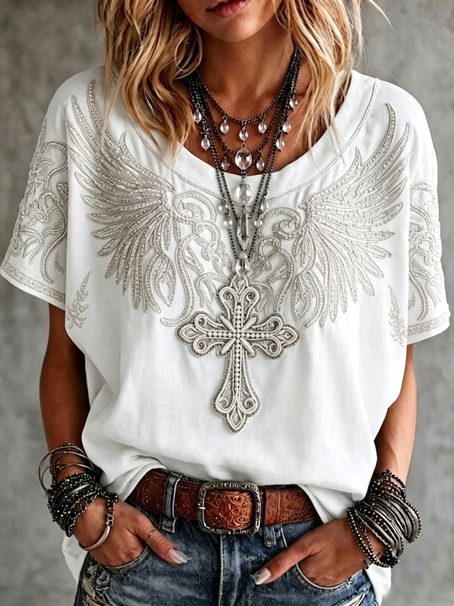 Women's Vintage Cotton-Linen Top with Wing and Cross Motif
