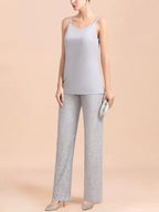 Elegant V-Neck Appliques Silver Mother Of Bride Jumpsuit With Lace Wraps