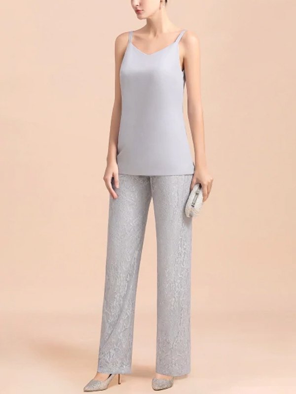 Elegant V-Neck Appliques Silver Mother Of Bride Jumpsuit With Lace Wraps