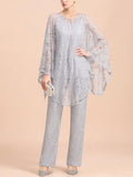 Elegant V-Neck Appliques Silver Mother Of Bride Jumpsuit With Lace Wraps