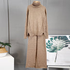 Knitted Women Casual Wide Leg Pants Two Piece Set Loose Button Design Pullover And Drawstring Trouser Ladies Suit Winter Fashion