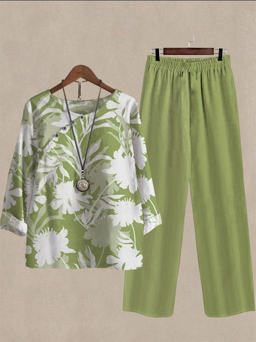Spring And Autumn Green Plant Print Long Sleeve Two Piece Suits