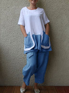 Cotton And Linen Short Sleeve Big Pocket Women's Suit