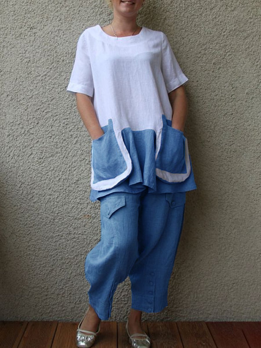 Cotton And Linen Short Sleeve Big Pocket Women's Suit
