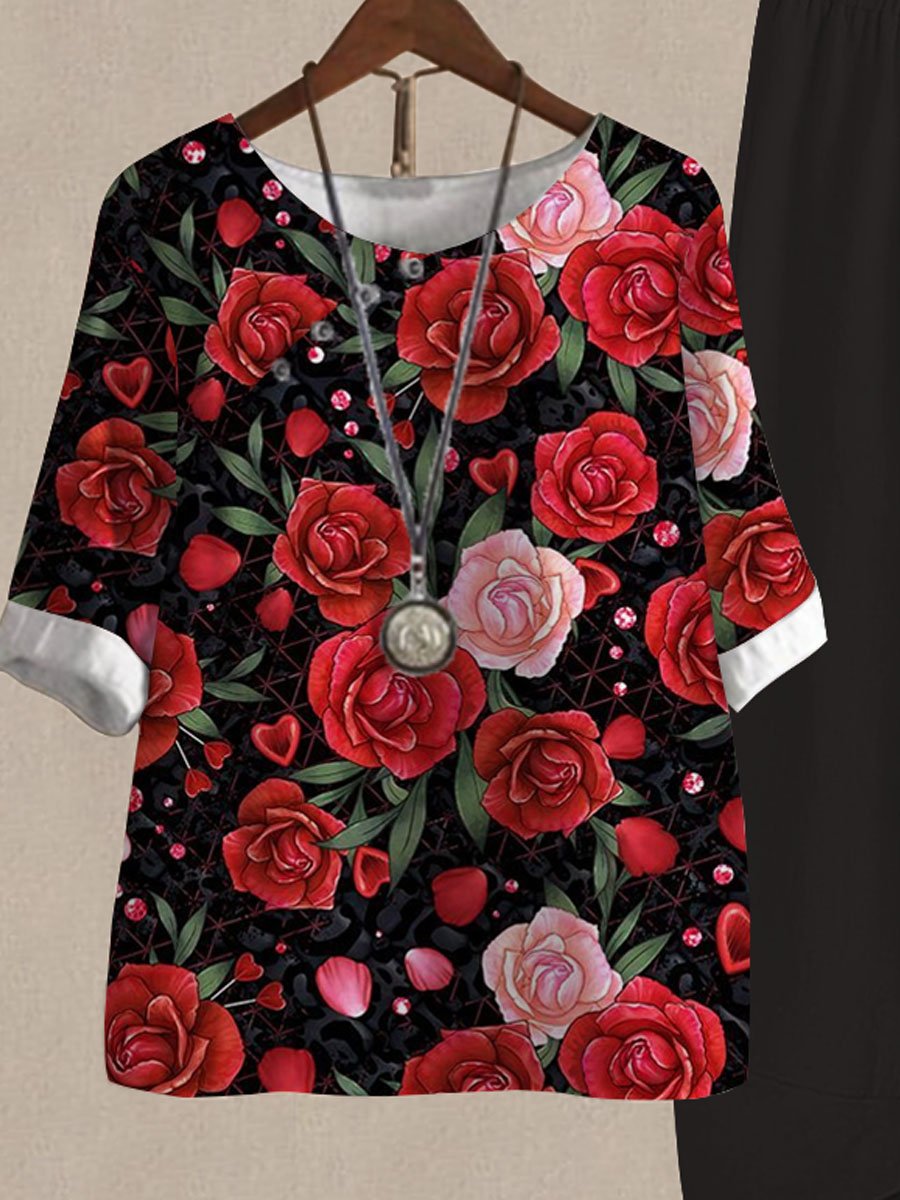 Rose Print Casual Two Piece Suits