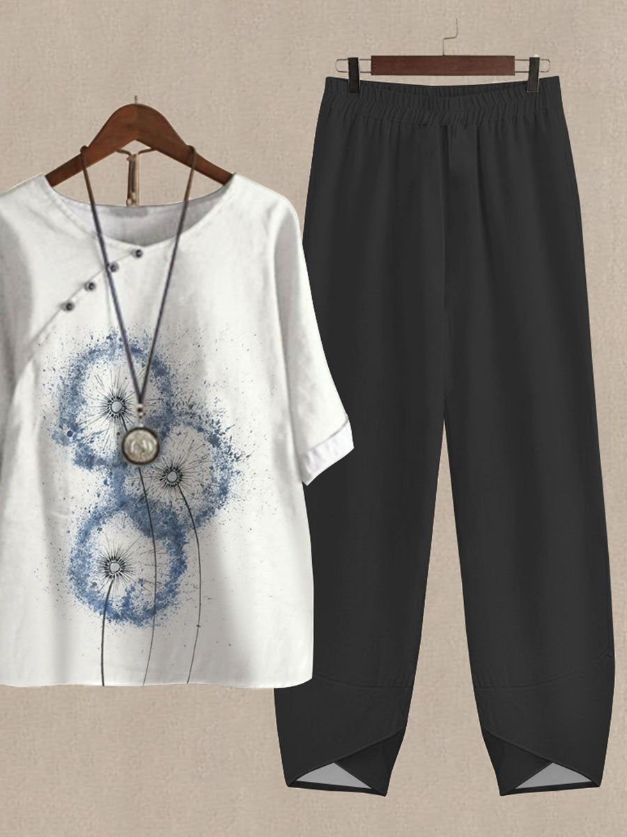 Pretty Dandelion Print Casual Two Piece Set