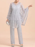 Elegant V-Neck Appliques Silver Mother Of Bride Jumpsuit With Lace Wraps