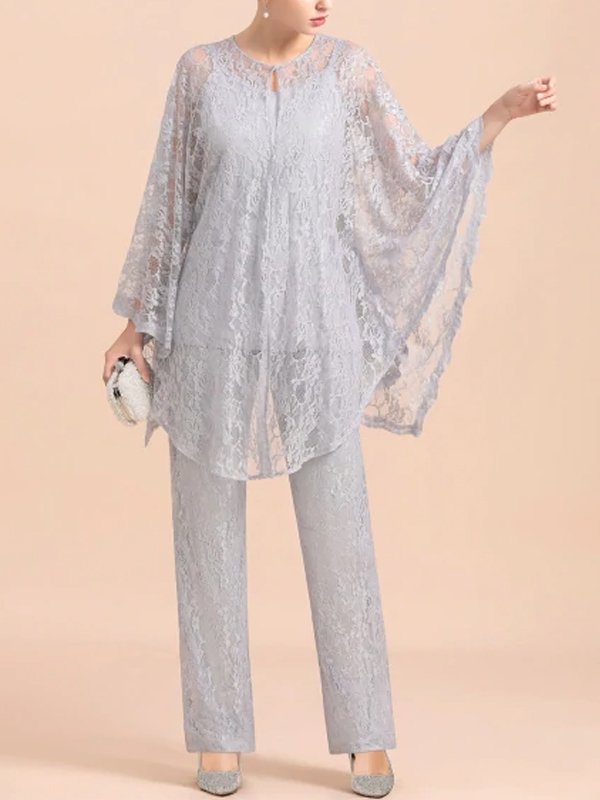 Elegant V-Neck Appliques Silver Mother Of Bride Jumpsuit With Lace Wraps