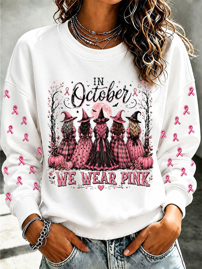 Women'S Retro In October We Wear Pink Print Round Neck Sports Shirt