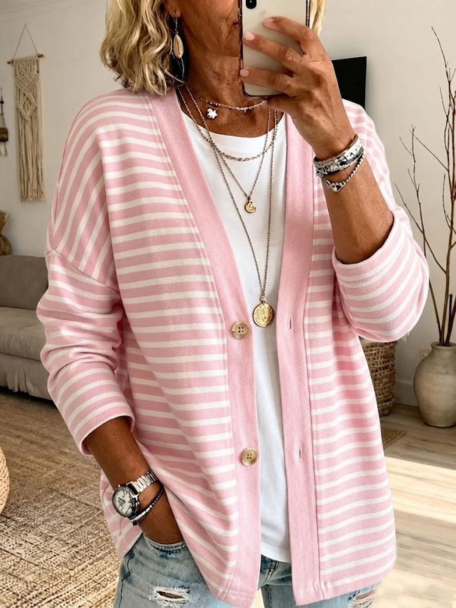 Ladies' Pink Striped Casual Cardigan