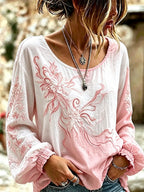 Women'S Casual Floral Cotton Linen Long Sleeved Shirt