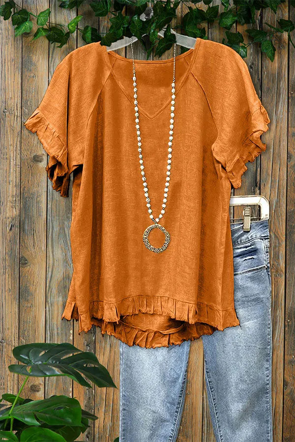 Cotton Blend Ruffled Frayed V-neck T-shirt