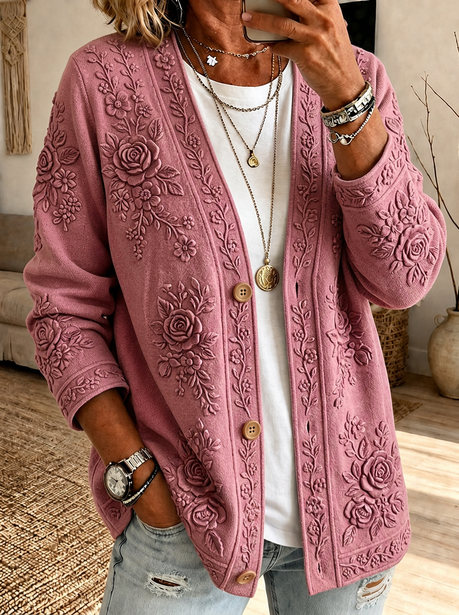 Women's Breast Cancer Awareness Pink Floral Embossed Printed Cardigan