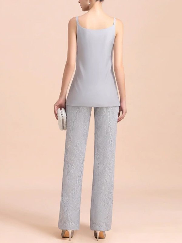 Elegant V-Neck Appliques Silver Mother Of Bride Jumpsuit With Lace Wraps