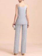 Elegant V-Neck Appliques Silver Mother Of Bride Jumpsuit With Lace Wraps