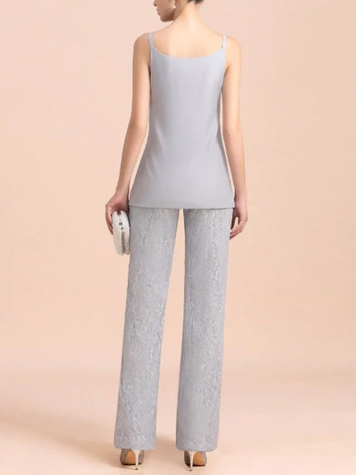 Elegant V-Neck Appliques Silver Mother Of Bride Jumpsuit With Lace Wraps