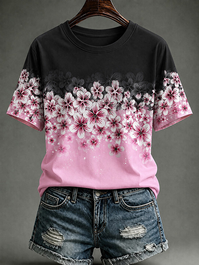 Women'S Casual Pink Floral Short Sleeved T-Shirt