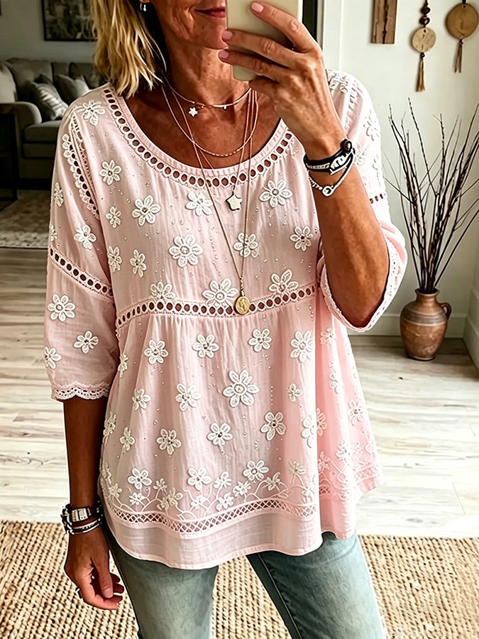 Women'S Retro Flower Art Printed Flower Linen Blended Linen Blended Quarter Sleeve Casual Top