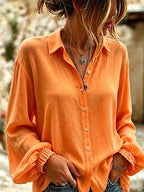 Women'S Casual Cotton And Linen Bubble Sleeve Shirt