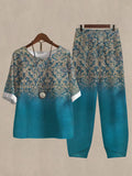 Women's Floral Print Color Block Half Sleeve Top And Casual Pants Linen Two Pieces