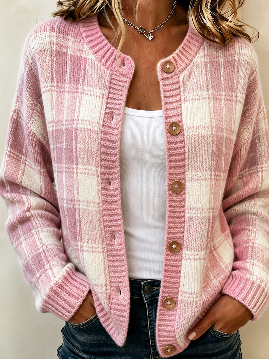 Women's Checkered Pattern Knitted Cardigan Top
