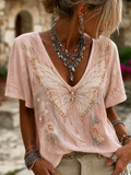 Women's Retro Butterfly Printed V-neck T-shirt