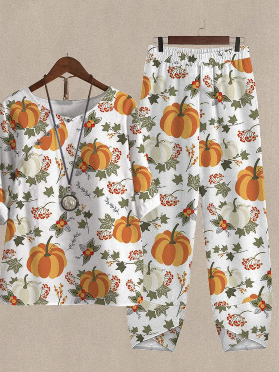 Halloween Pumpkin Print Loose Fit Casual Two Piece Suits