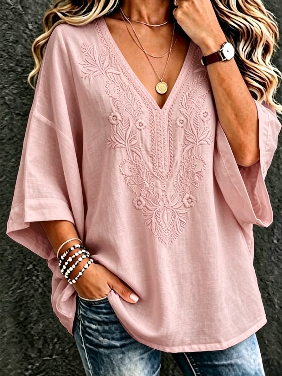 Women's Floral Art Cotton Linen V-Neck Short Sleeved Top