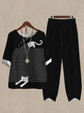 Fun Cat Print Casual Two Piece Set