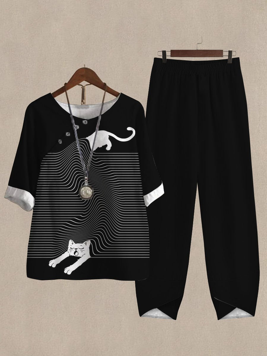 Fun Cat Print Casual Two Piece Set