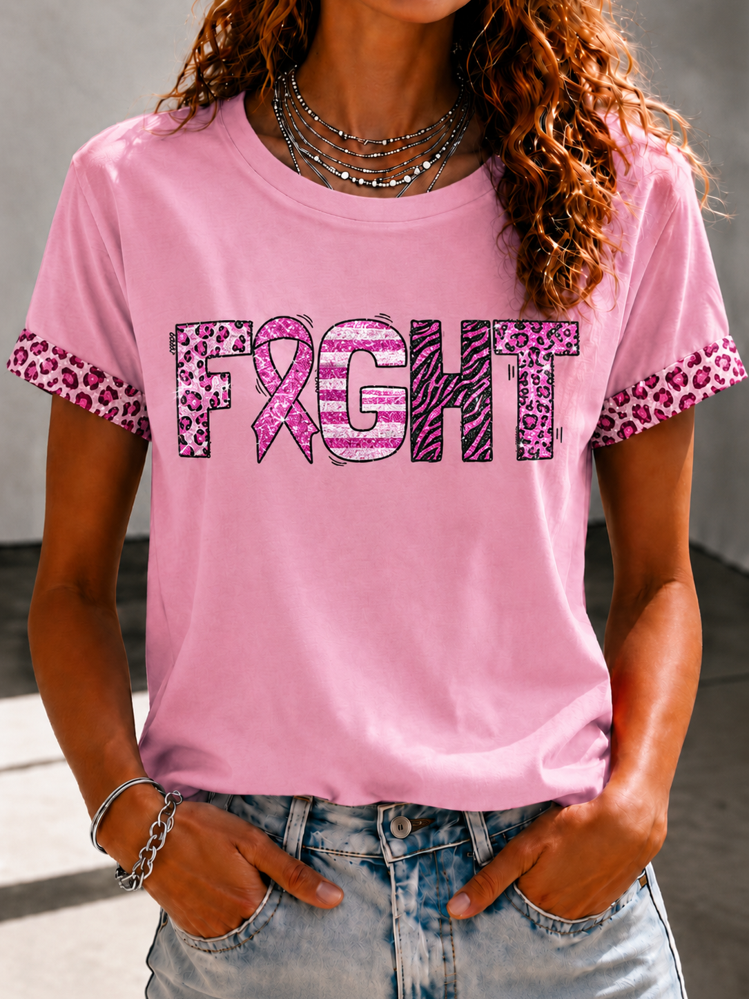 Women'S Pink Art Printed Casual T-Shirt