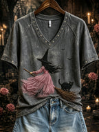 Women's Pink Witch-Themed Print Casual T-Shirt