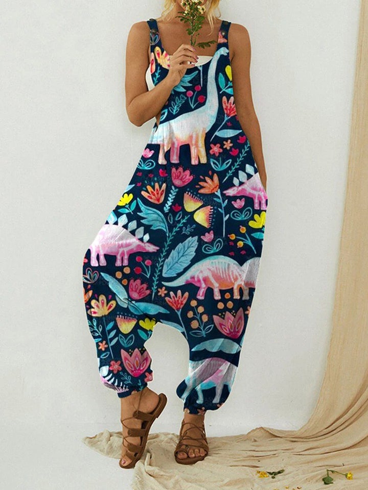 Women'S Cute Dinosaur Pockets Sleeveless Jumpsuit