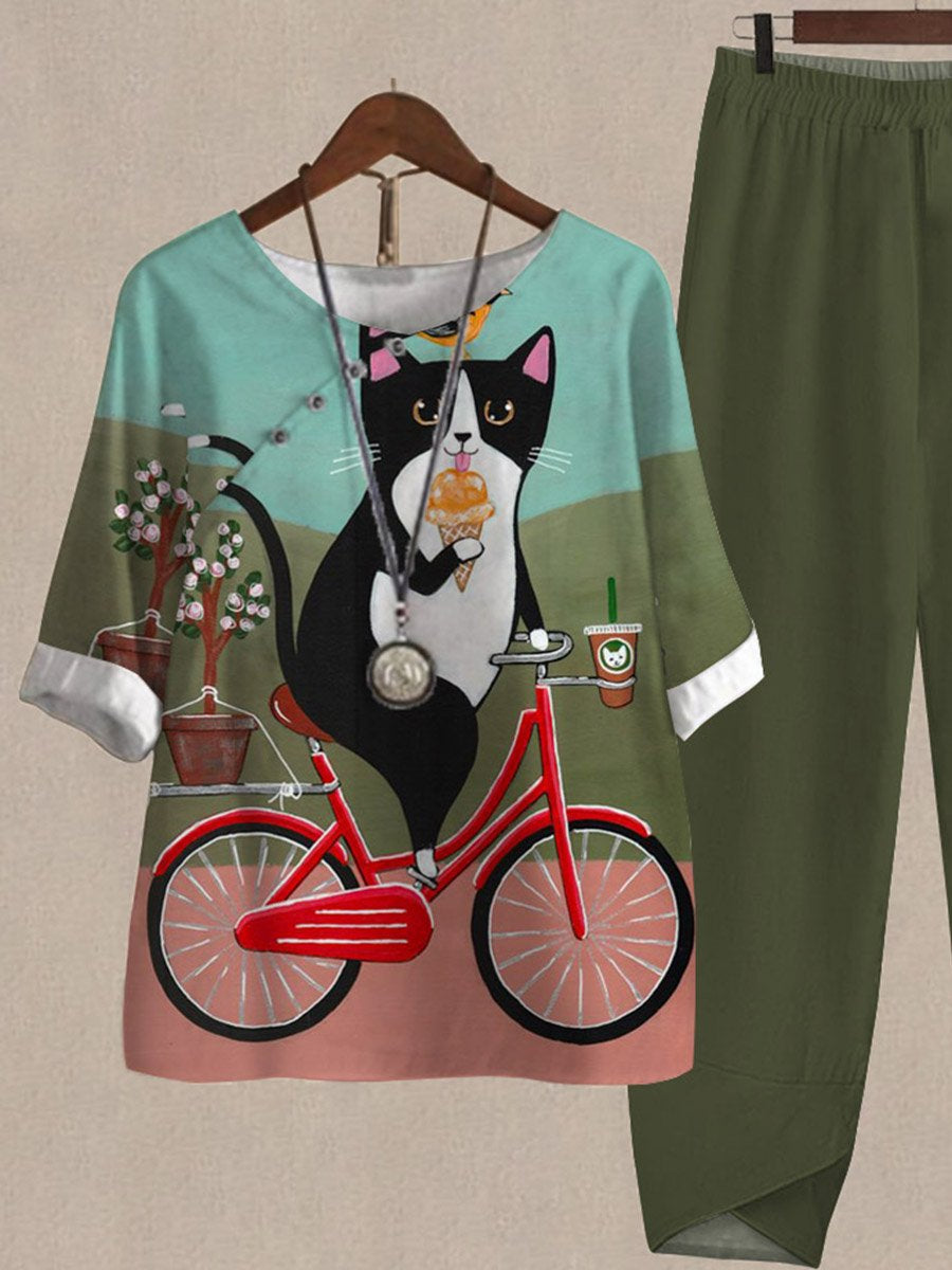 Biker Cat Print Loose Casual Two-Piece Suits