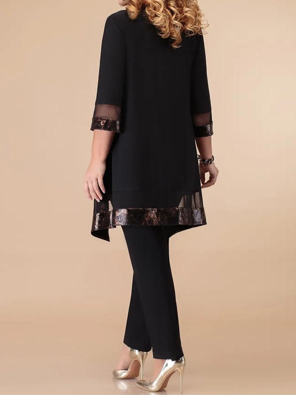 Round Neck Mesh Stitching Top And Trousers Suit