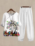 Linen Casual Women's Childlike Patten Print Two Pieces Set