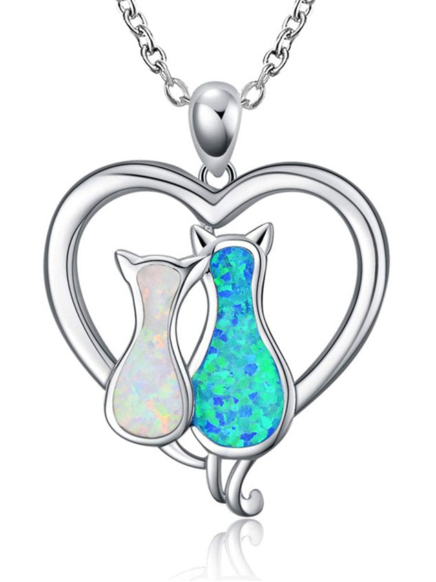 Contrast Color Opal Cat Heart Necklace Everyday Matching Pendant
