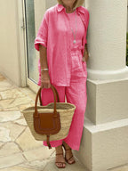 Solid Color Lapel Top And Wide Leg Pants Two-piece Set