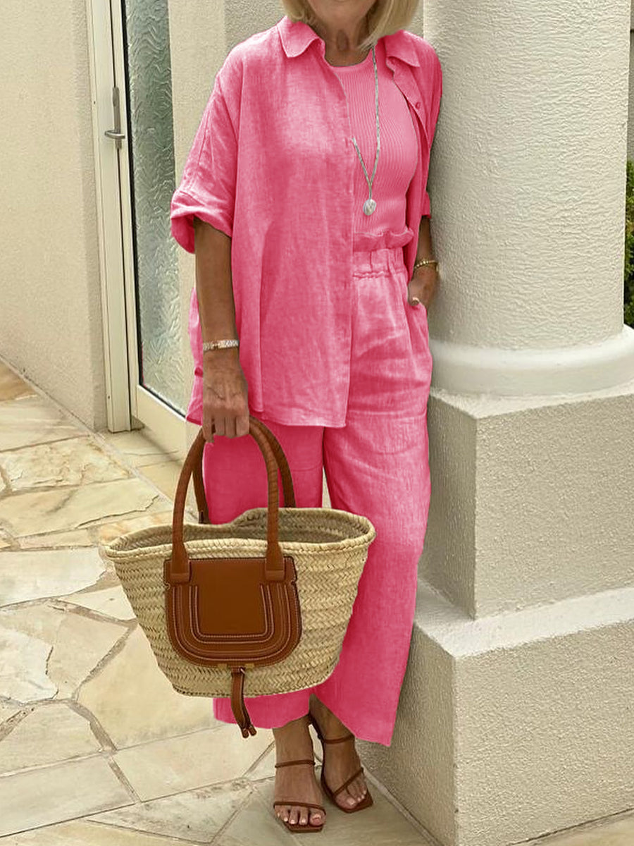 Solid Color Lapel Top And Wide Leg Pants Two-piece Set