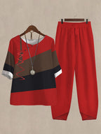 Linen Casual Women's Color Block Print Two Pieces Set