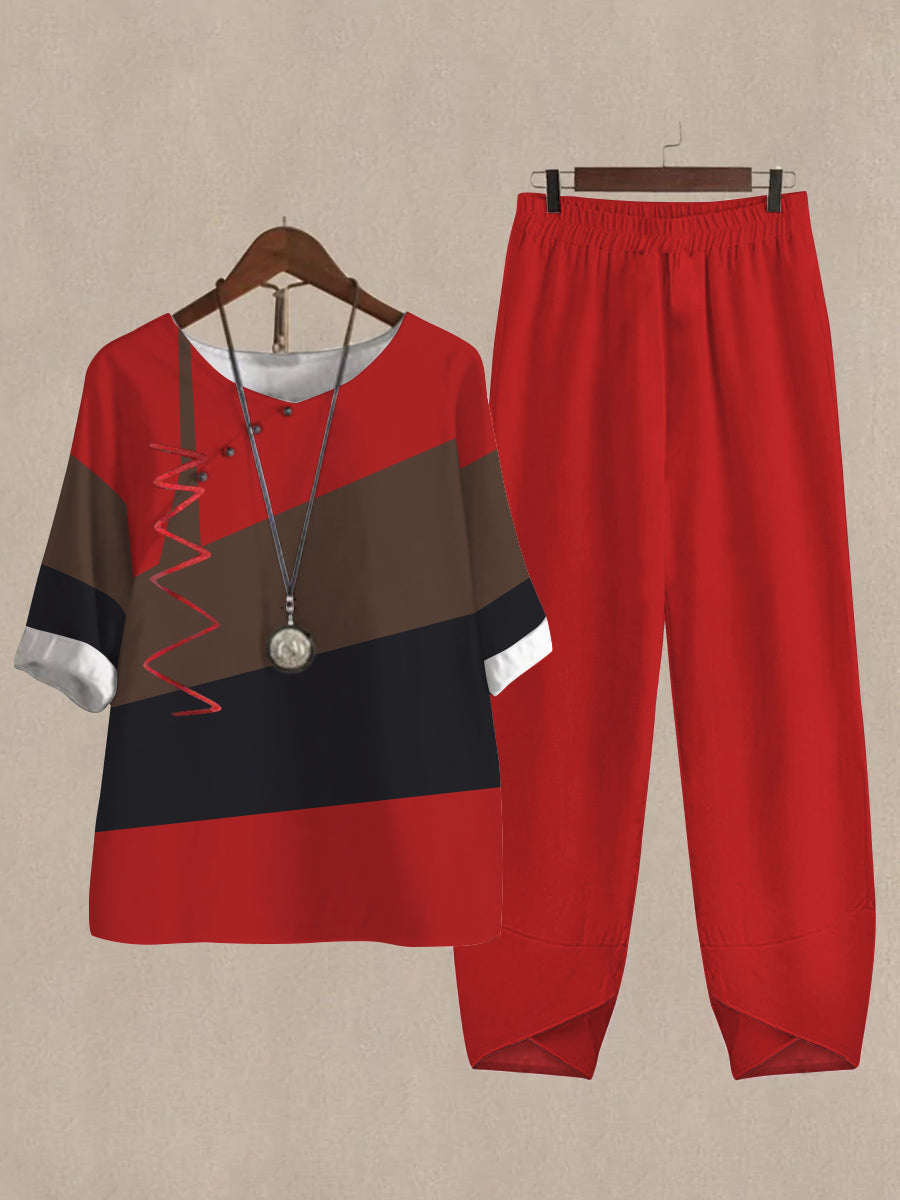 Linen Casual Women's Color Block Print Two Pieces Set