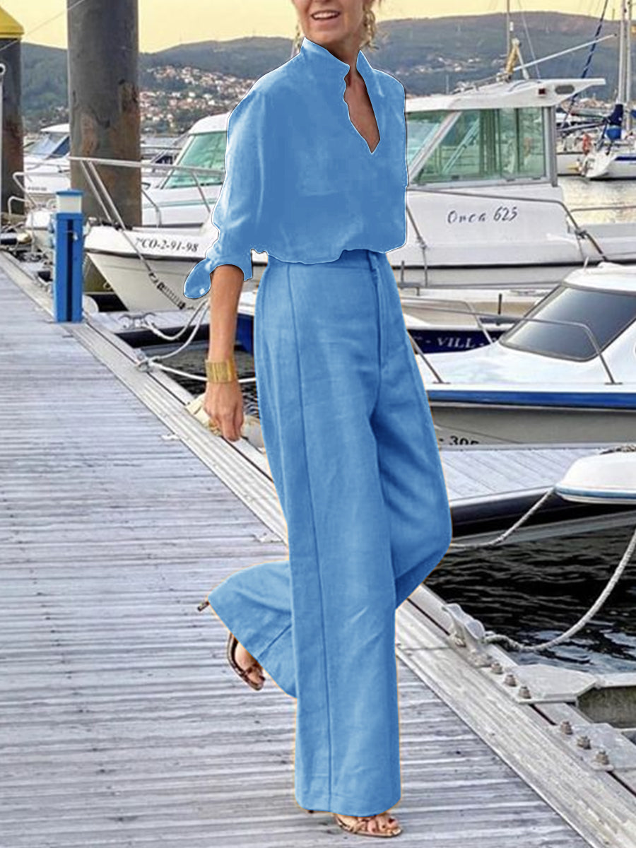 Elegant Solid Color V Neck Half Sleeve Top With Pants Set