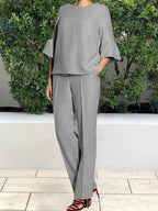 Solid Color Flare Sleeve Women Two-piece Set