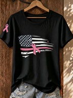 Women's Simple Breast Cancer Combined With Flag Printed T-Shirt
