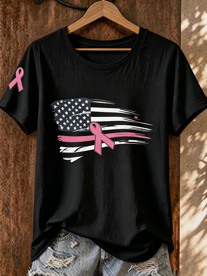 Women's Simple Breast Cancer Combined With Flag Printed T-Shirt